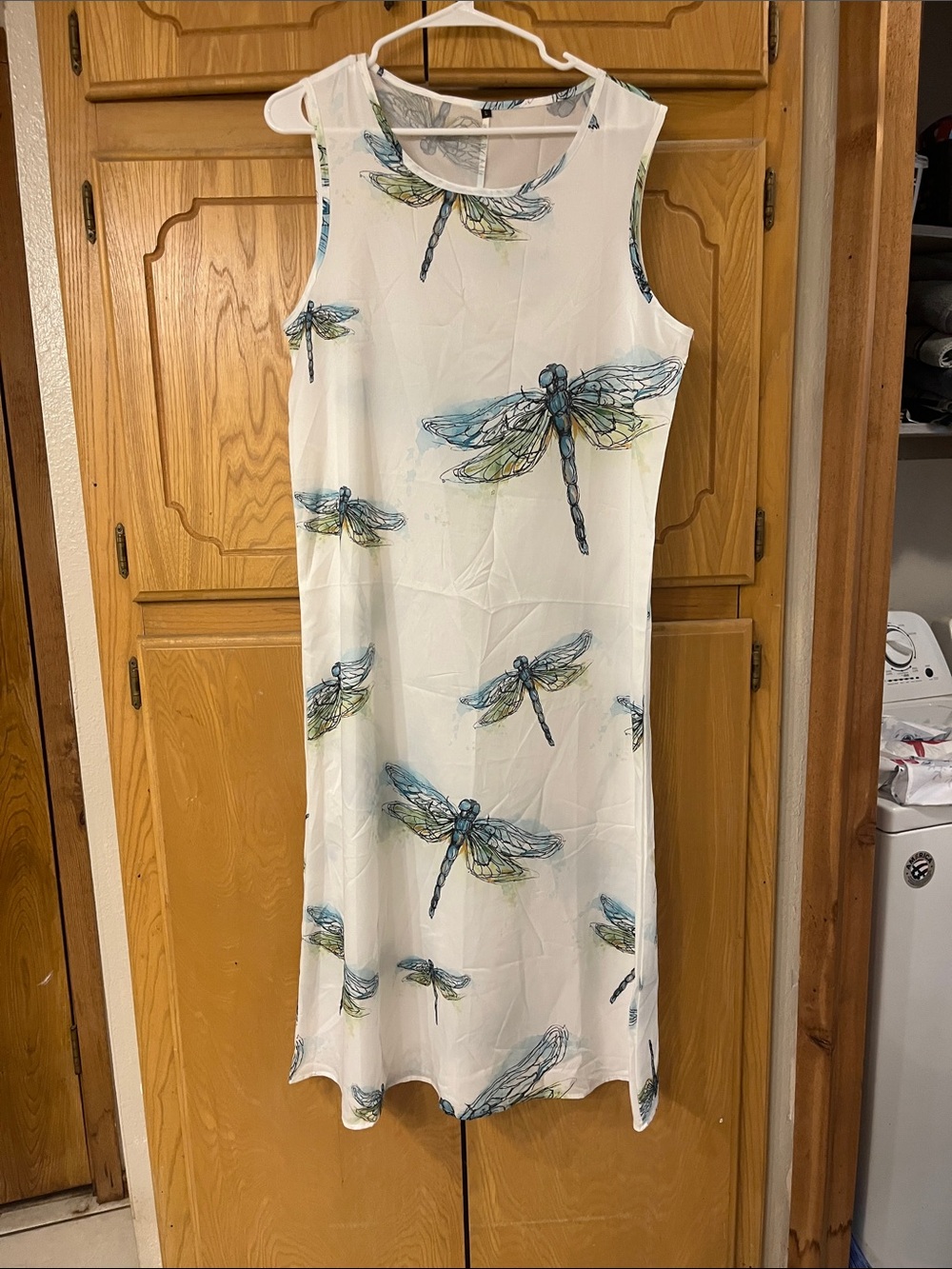 Sleeveless White Maxi Dress Bathing Suit Cover up with Blue-Green Dragonfly